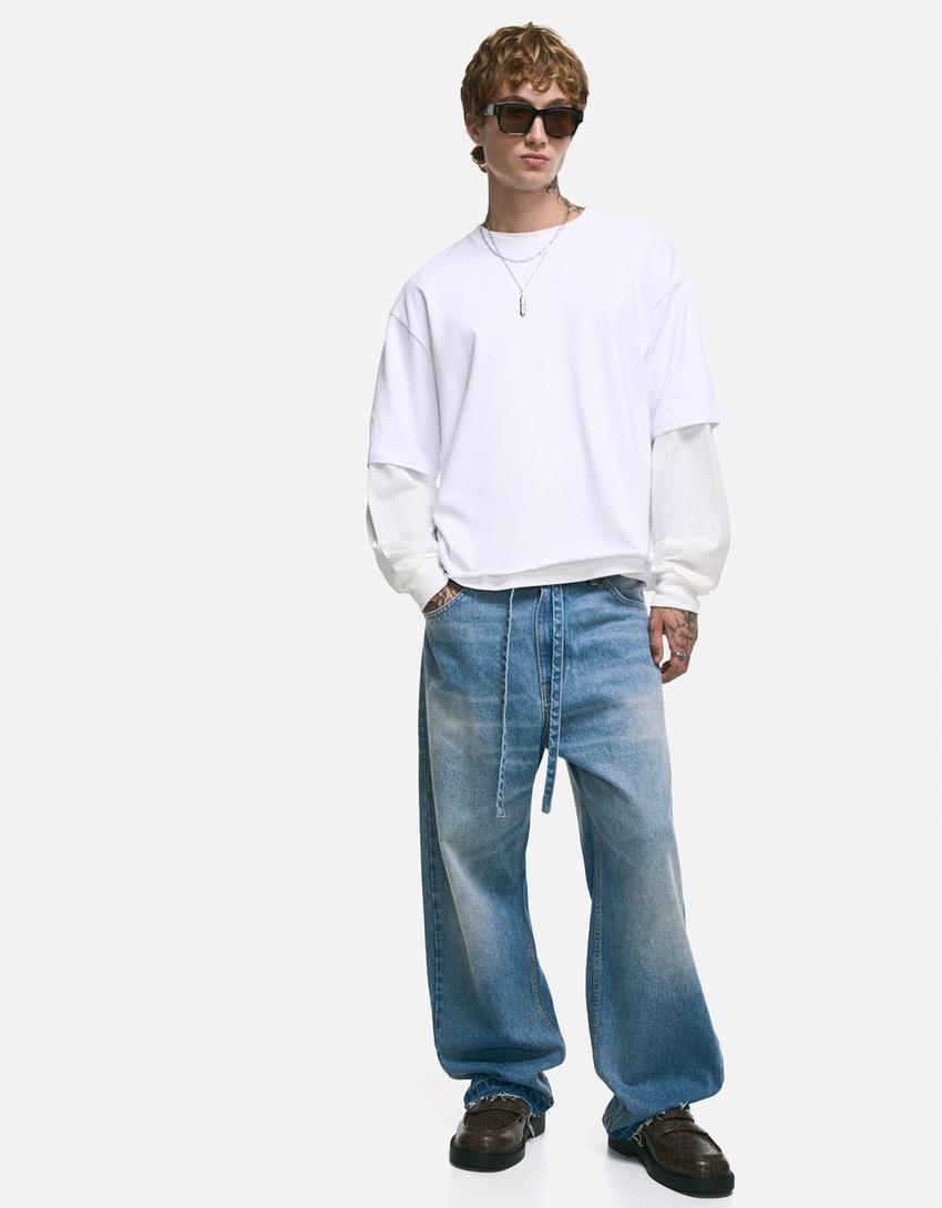 Kemerli baggy fit jean-Açık mavi-3