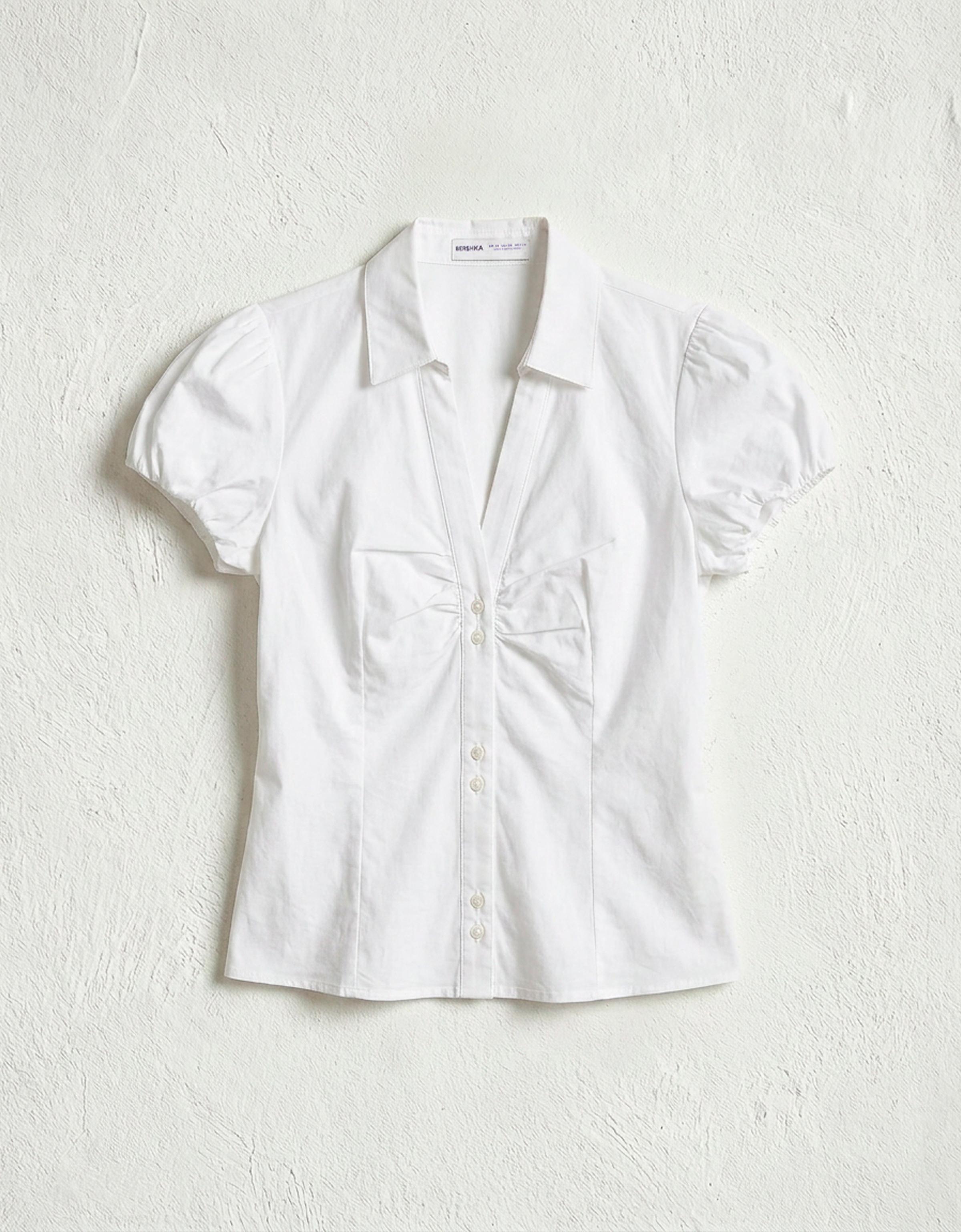 Short sleeve poplin tie-front shirt — White
