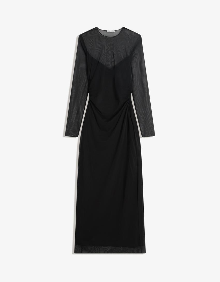 Vestido midi manga larga tul-Negro