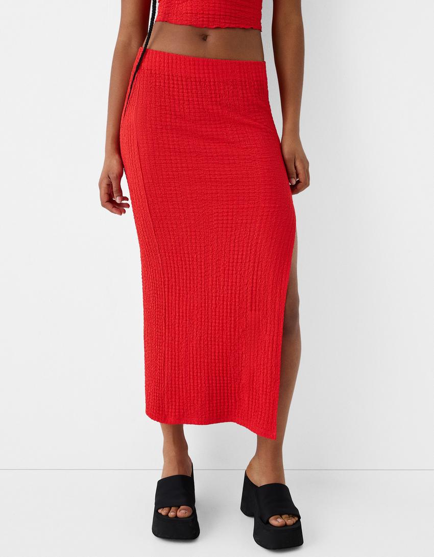 Textured midi skirt-Red-1