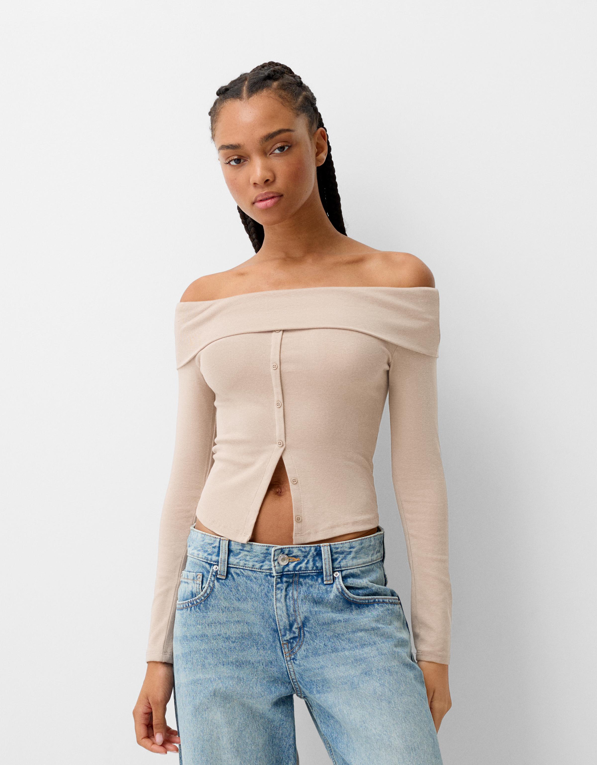 Bershka Geknöpftes Langarmshirt Damen Xs Sandfarbe