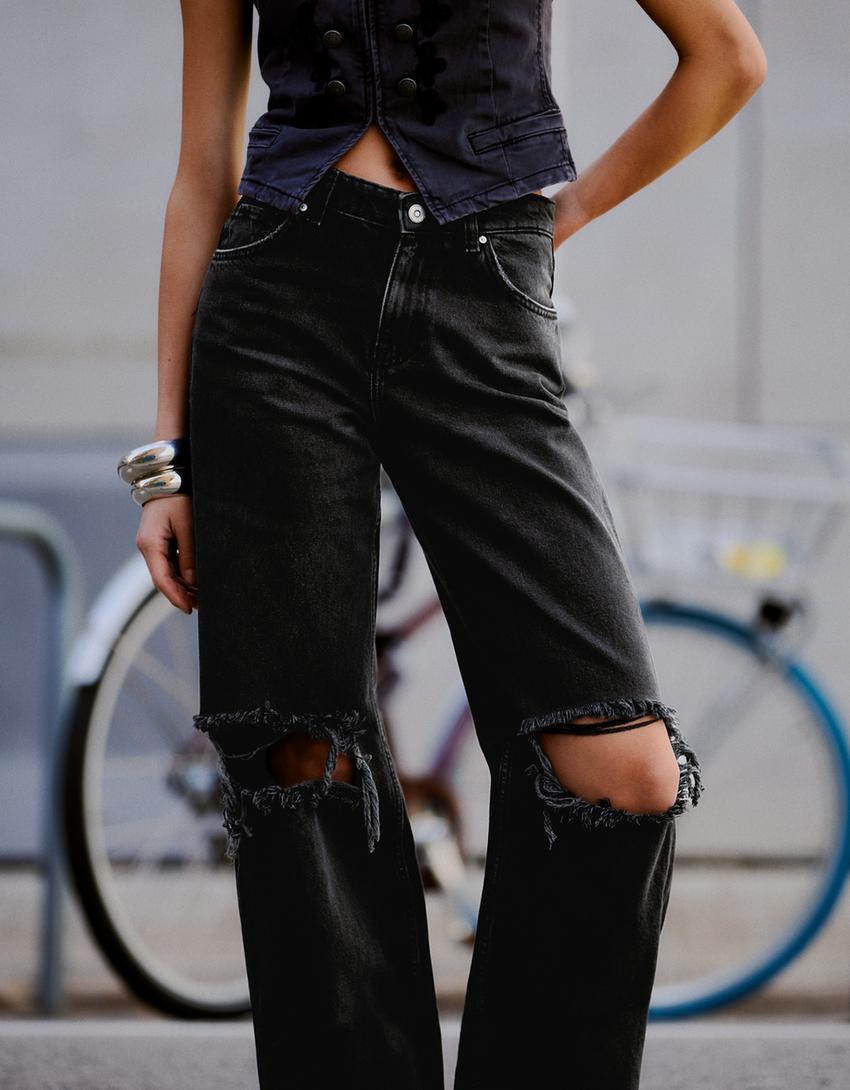 Jean wide leg taille haute déchiré-Noir