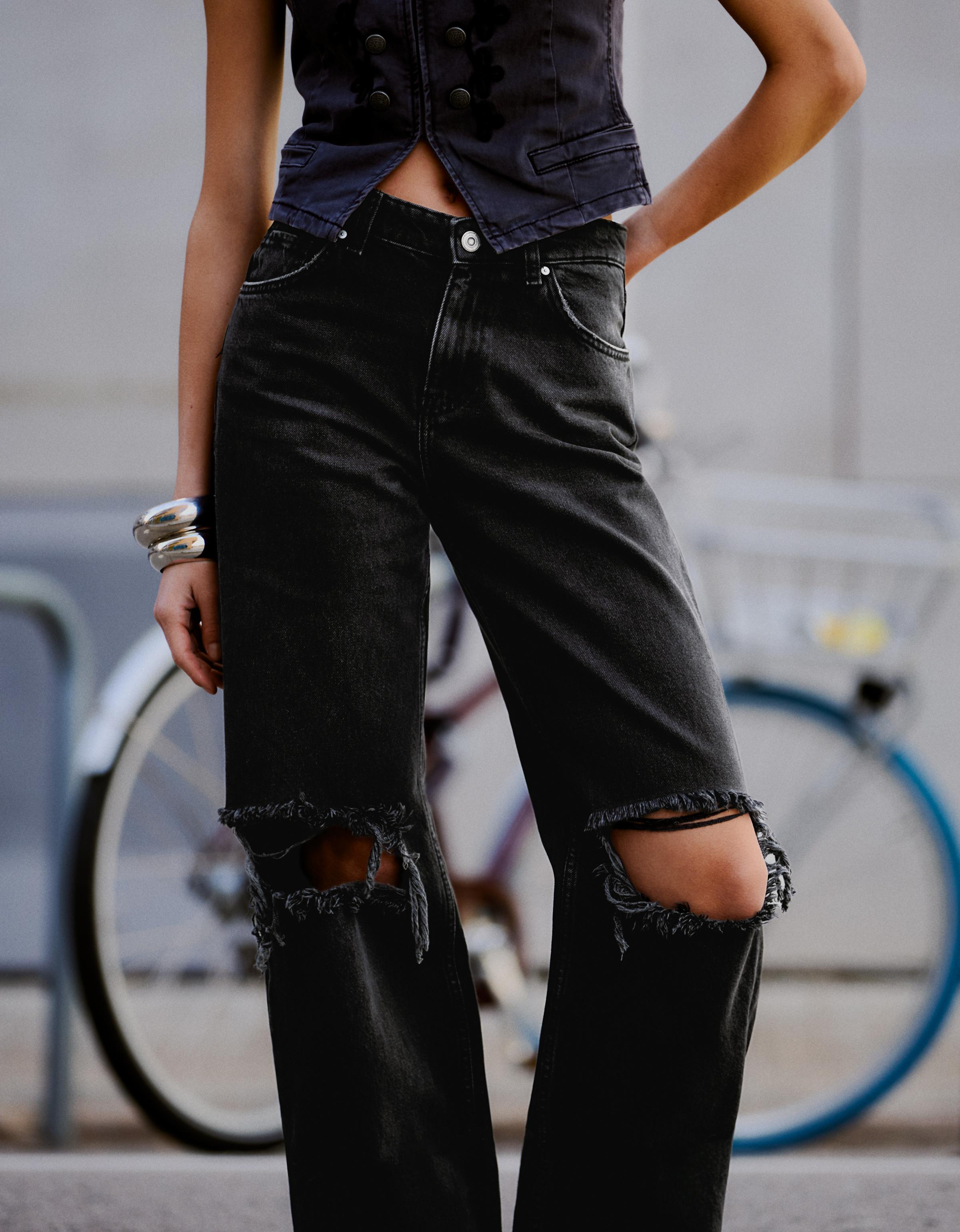 Yüksek bel distressed geniş paça jean - Görsel 60