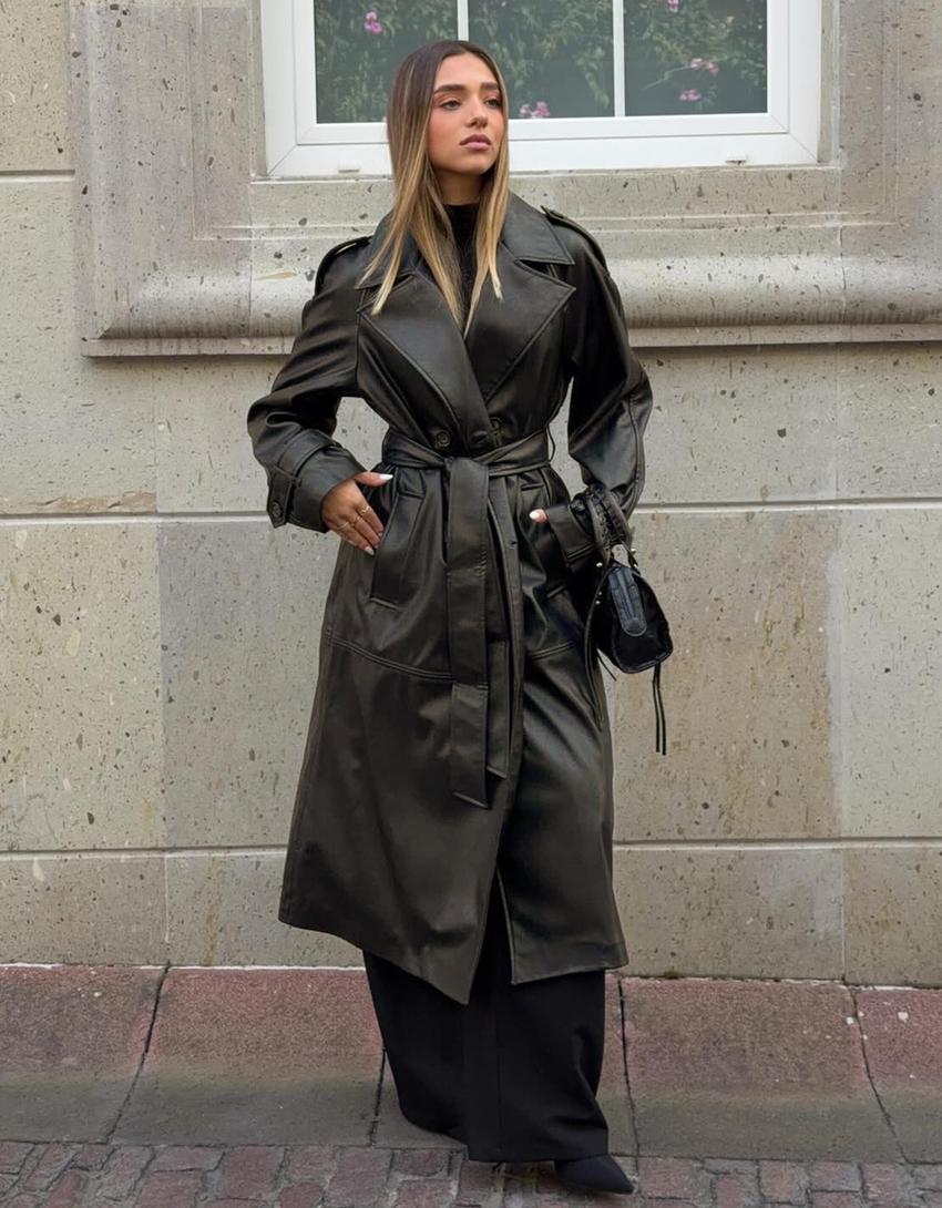 Faux leather trench coat-Brown