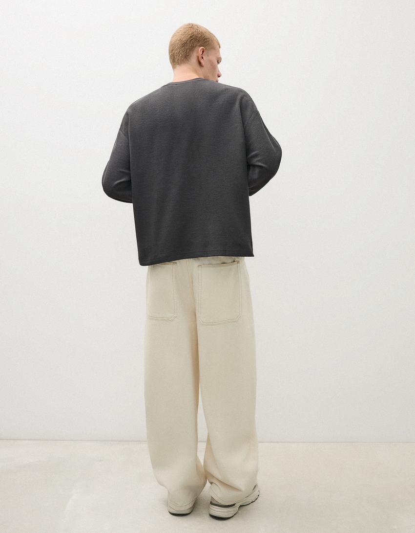 Printed plush round neck sweatshirt-Navy