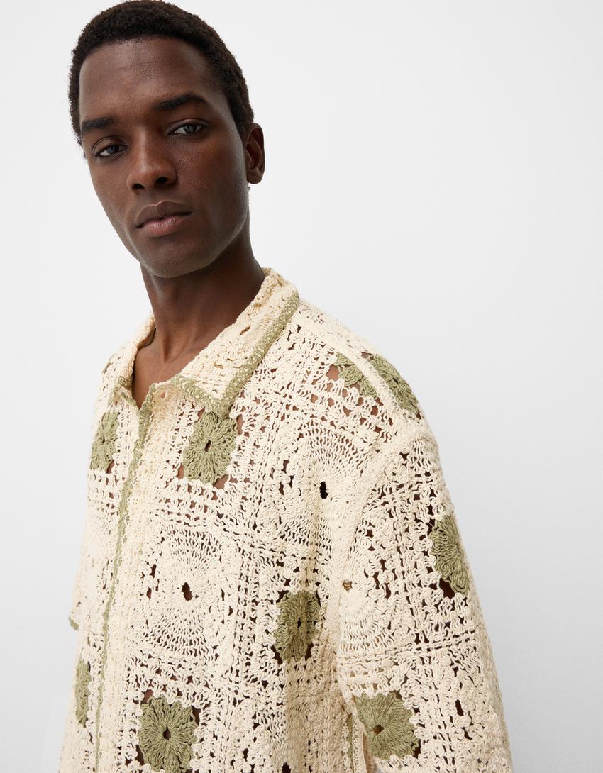 Camisa de manga curta em crochet-Areia-2