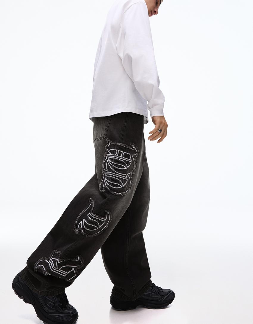 Jeans baggy remendos-Preto