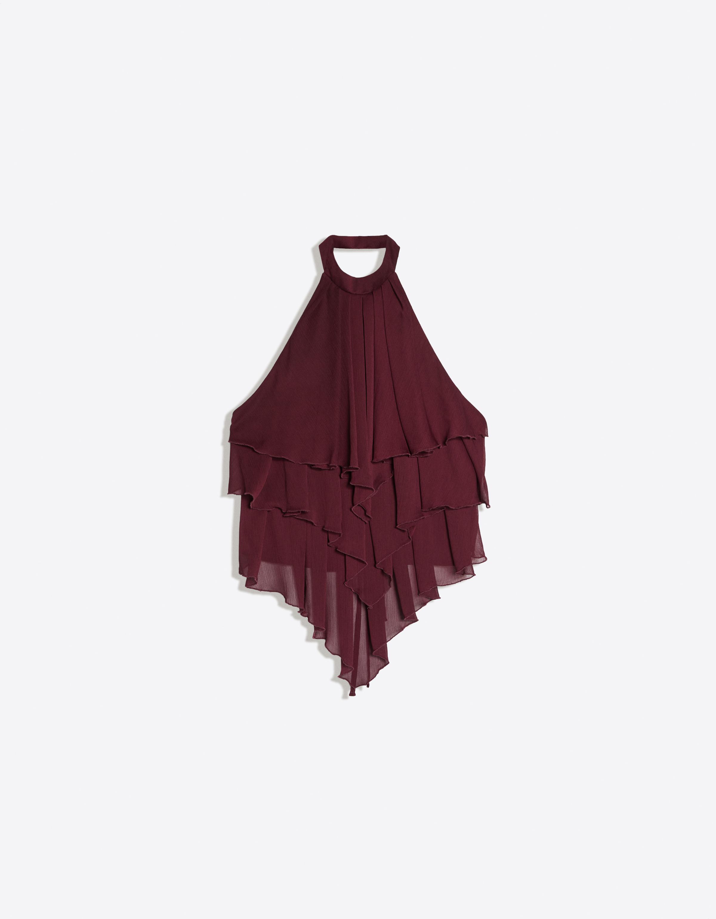 Bershka Top Halter Volantes Mujer Granate