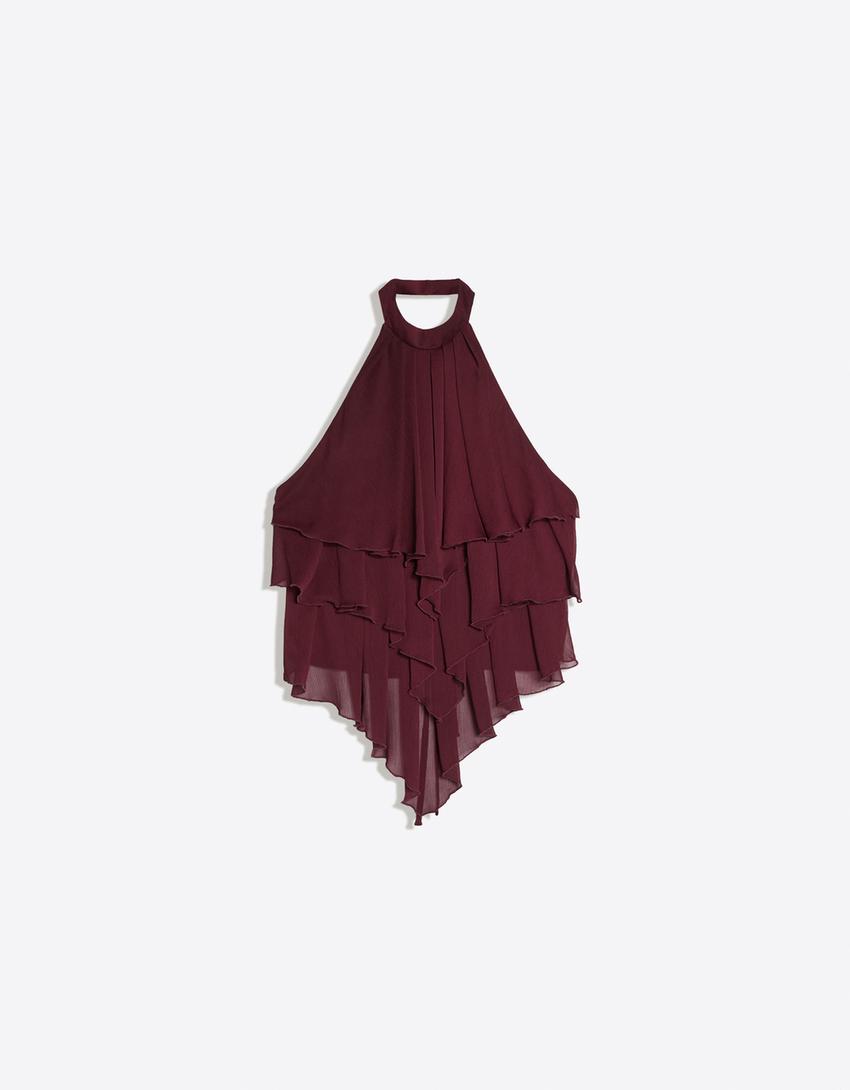 Top halter z falbankami-Rubinowy