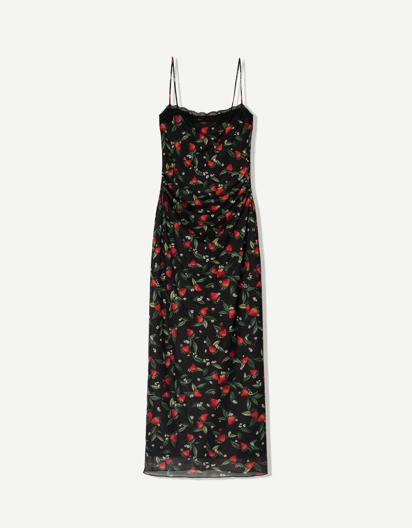 Robe midi en tulle imprimée-Noir-3