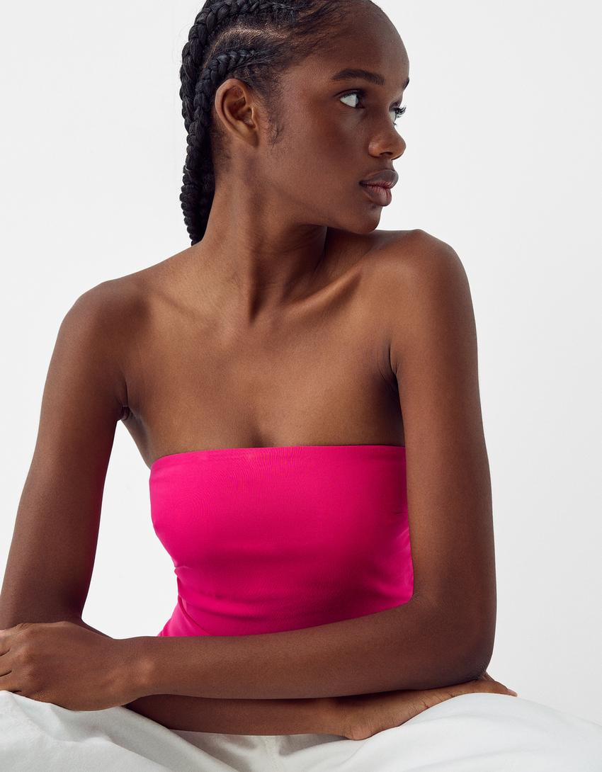 Asimetrik bandeau top-Fuşya-6