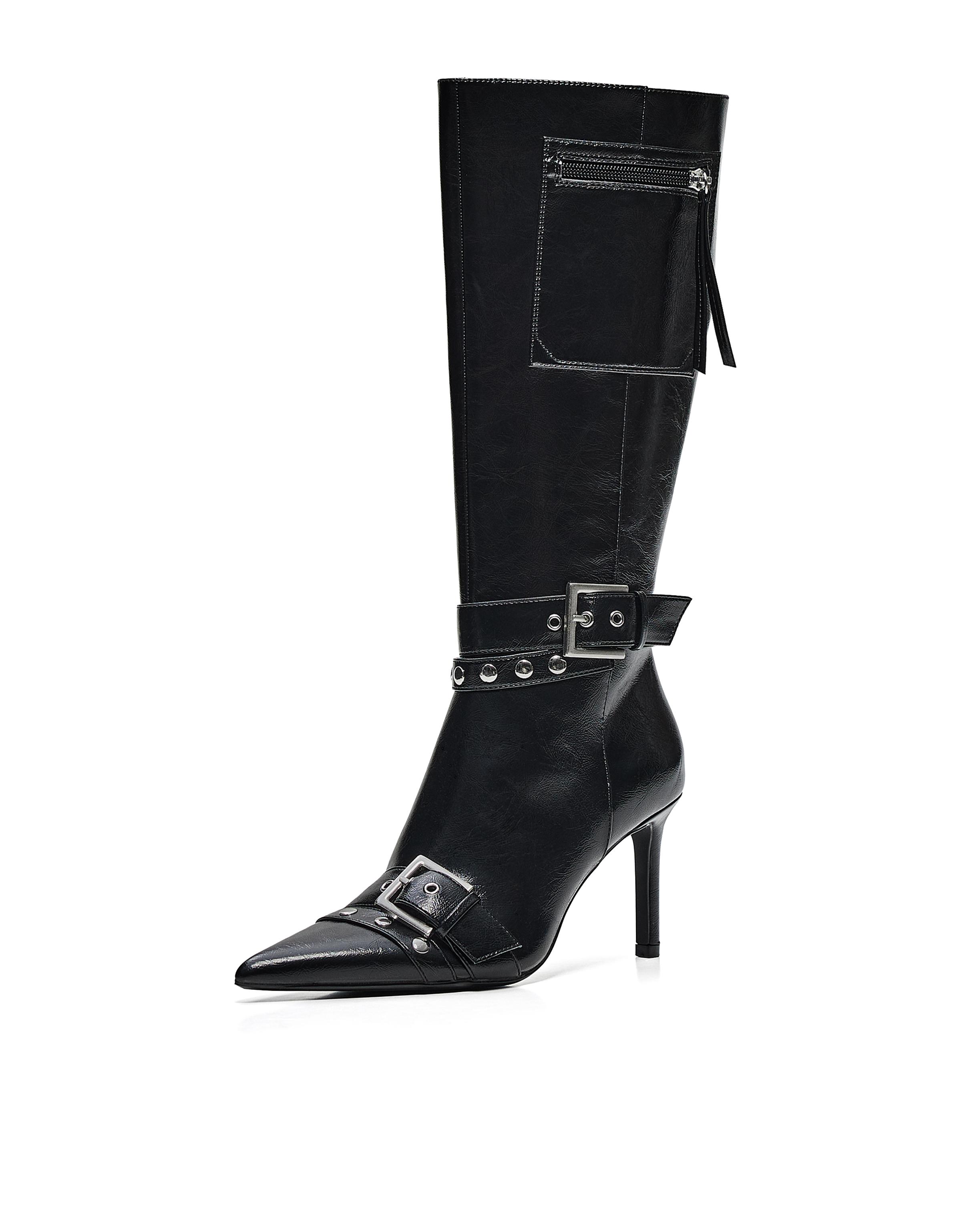 Heeled boots with buckle detail — BLACK