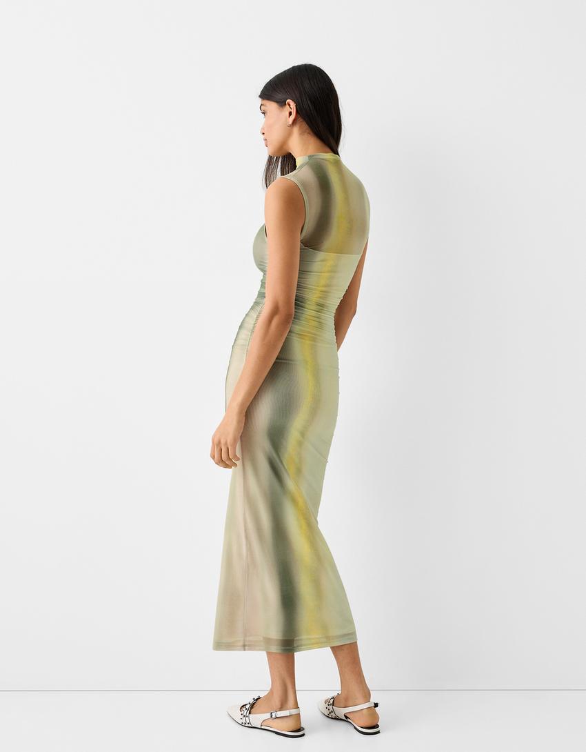 فستان ميدي يباقة عالية وأكمام قصيرة وطبعة-أخضر ليمي-2