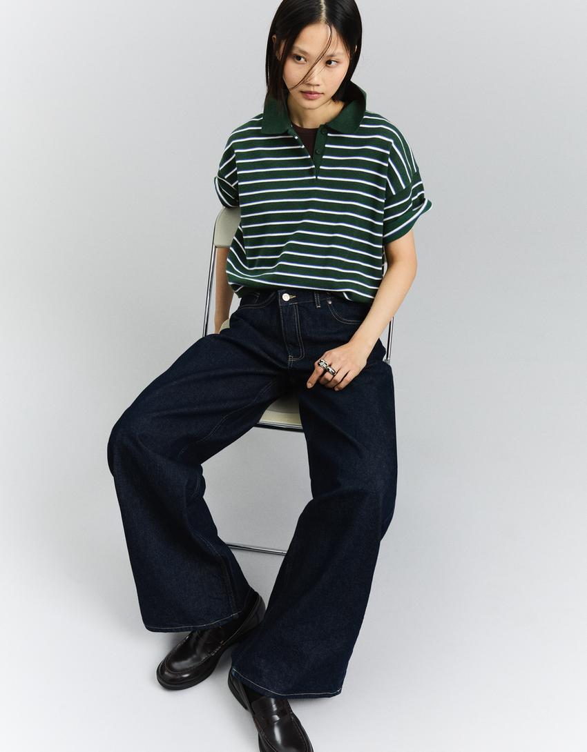 Ριγέ πουλόβερ με γιακά polo-Πράσινο