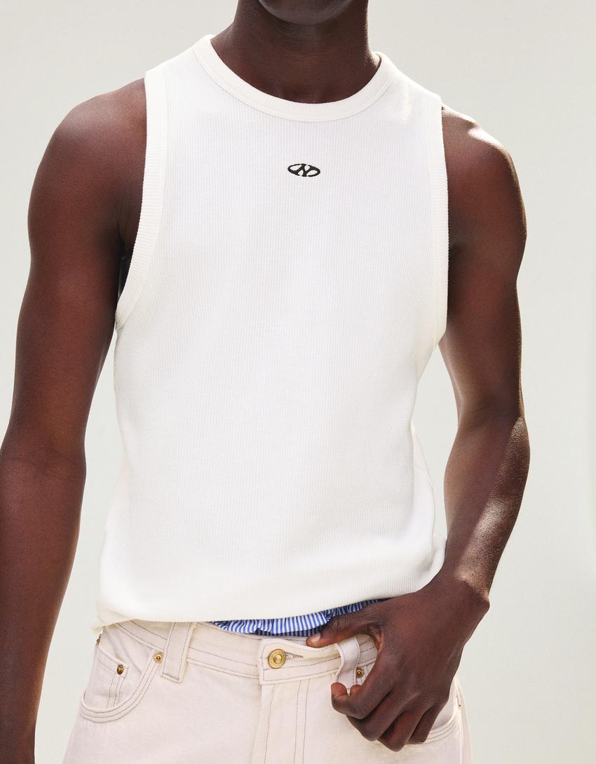 Waffle print vest top-Off white