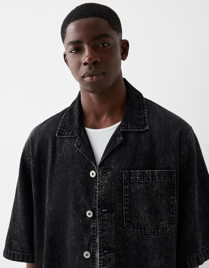 Cropped short sleeve denim shirt-Black-2