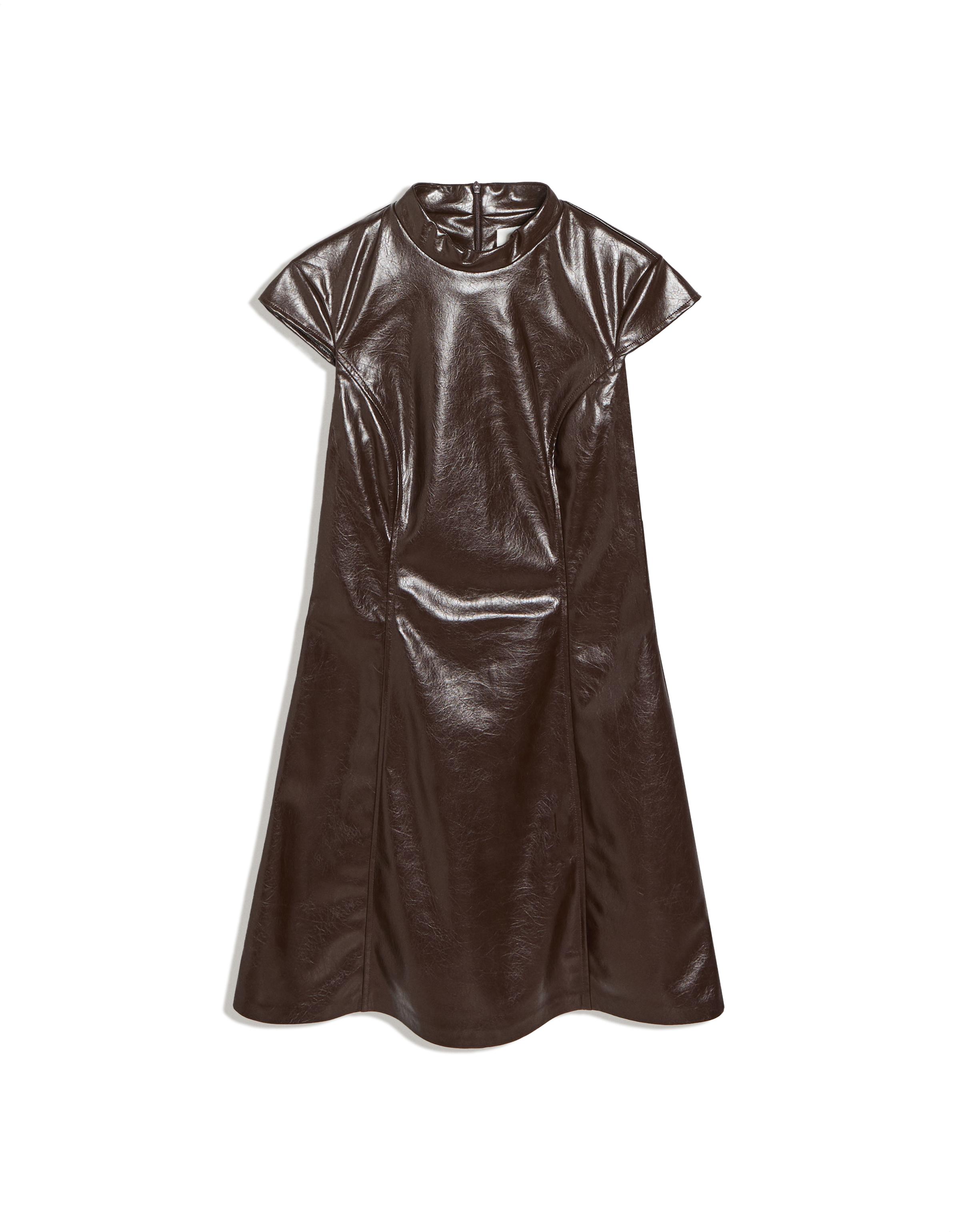 Leather effect mini dress with a high neck — Brown