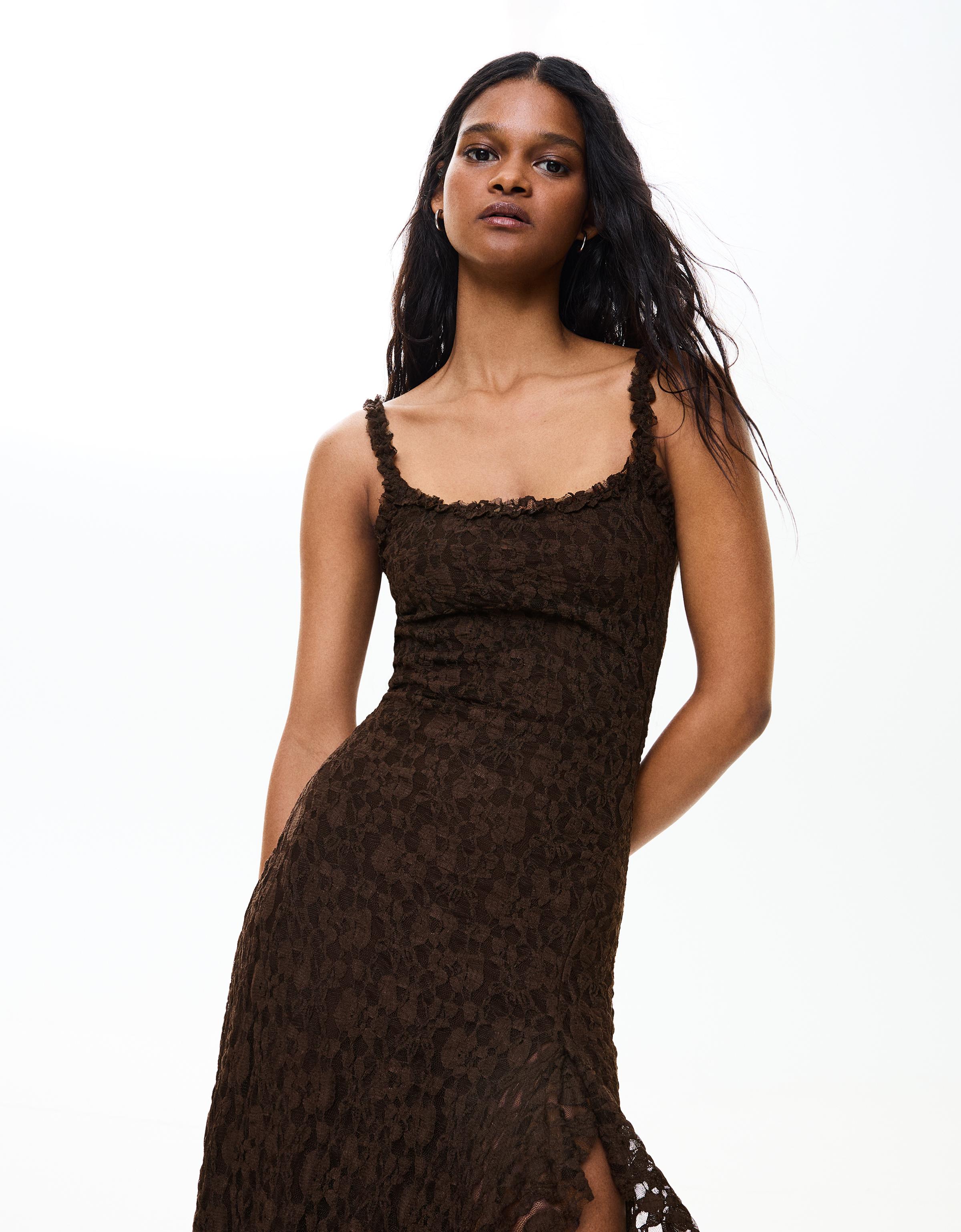 Lace midi dress — Brown