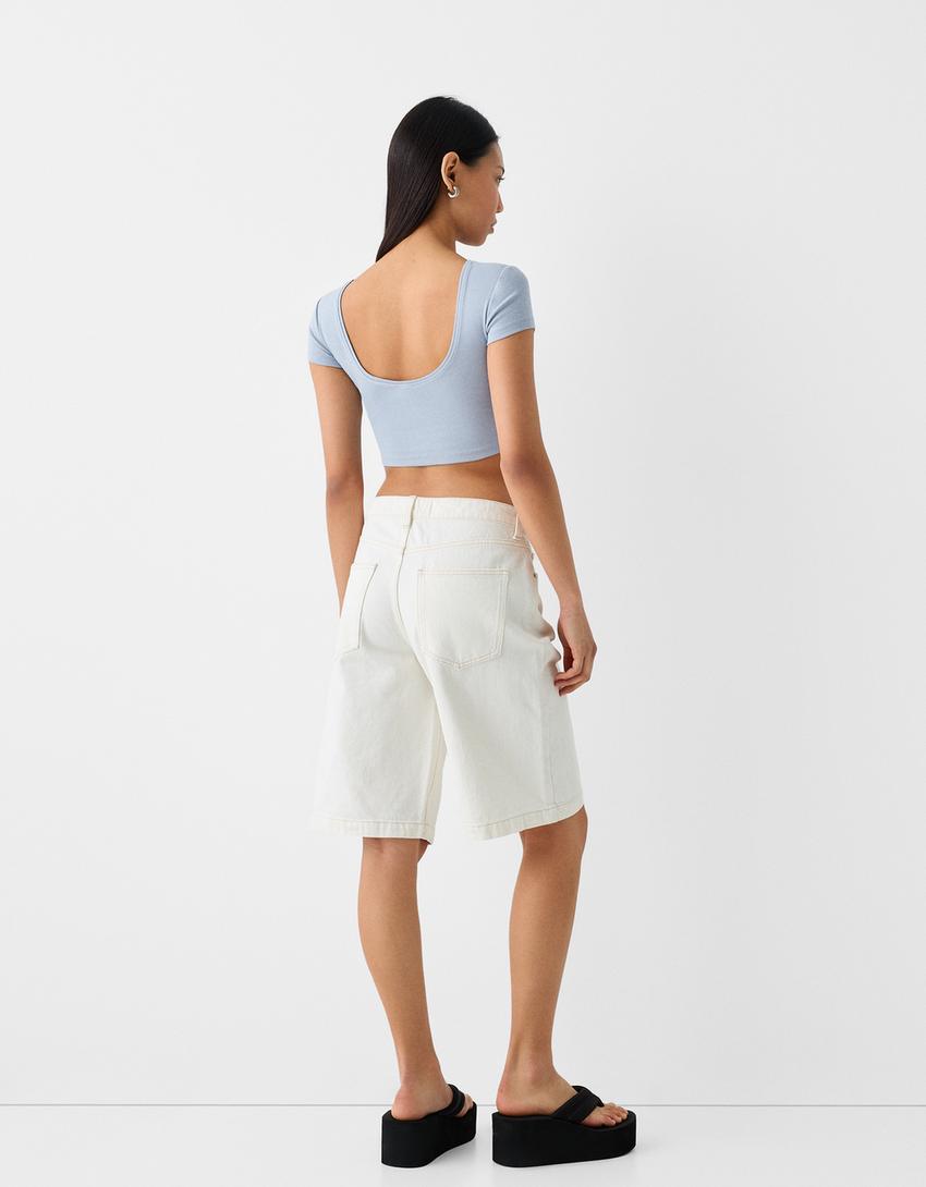 T-shirt cropped dos nu strass-Bleu claire-1