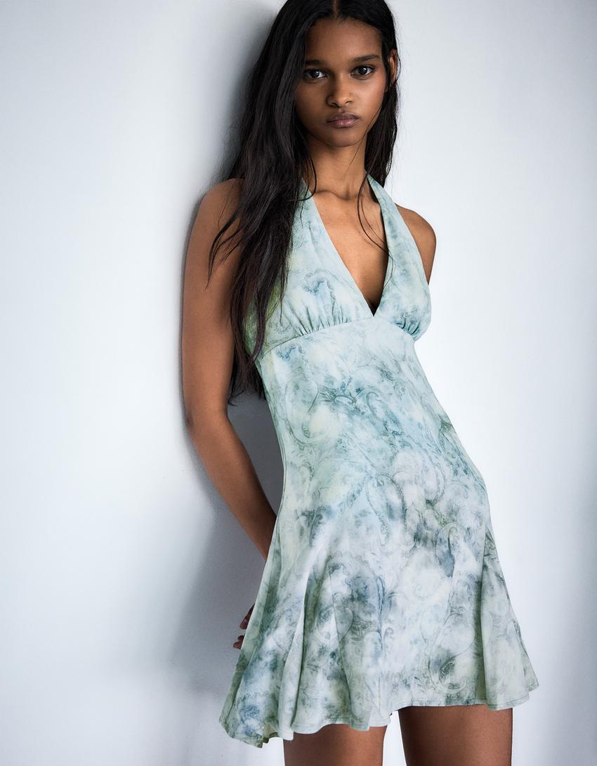 Printed halter mini dress-Blue