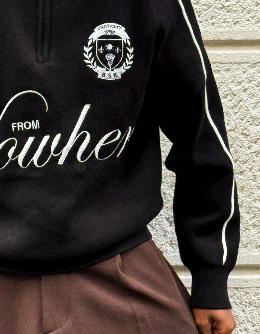 Embroidered quarter-zip jumper-Black