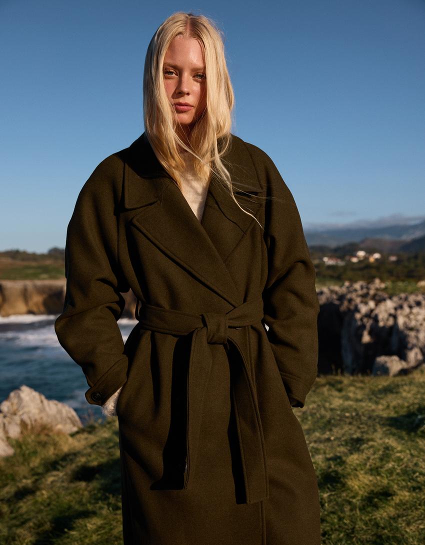 Oversize-Mantel mit Wollanteil und Gürtel-Khaki