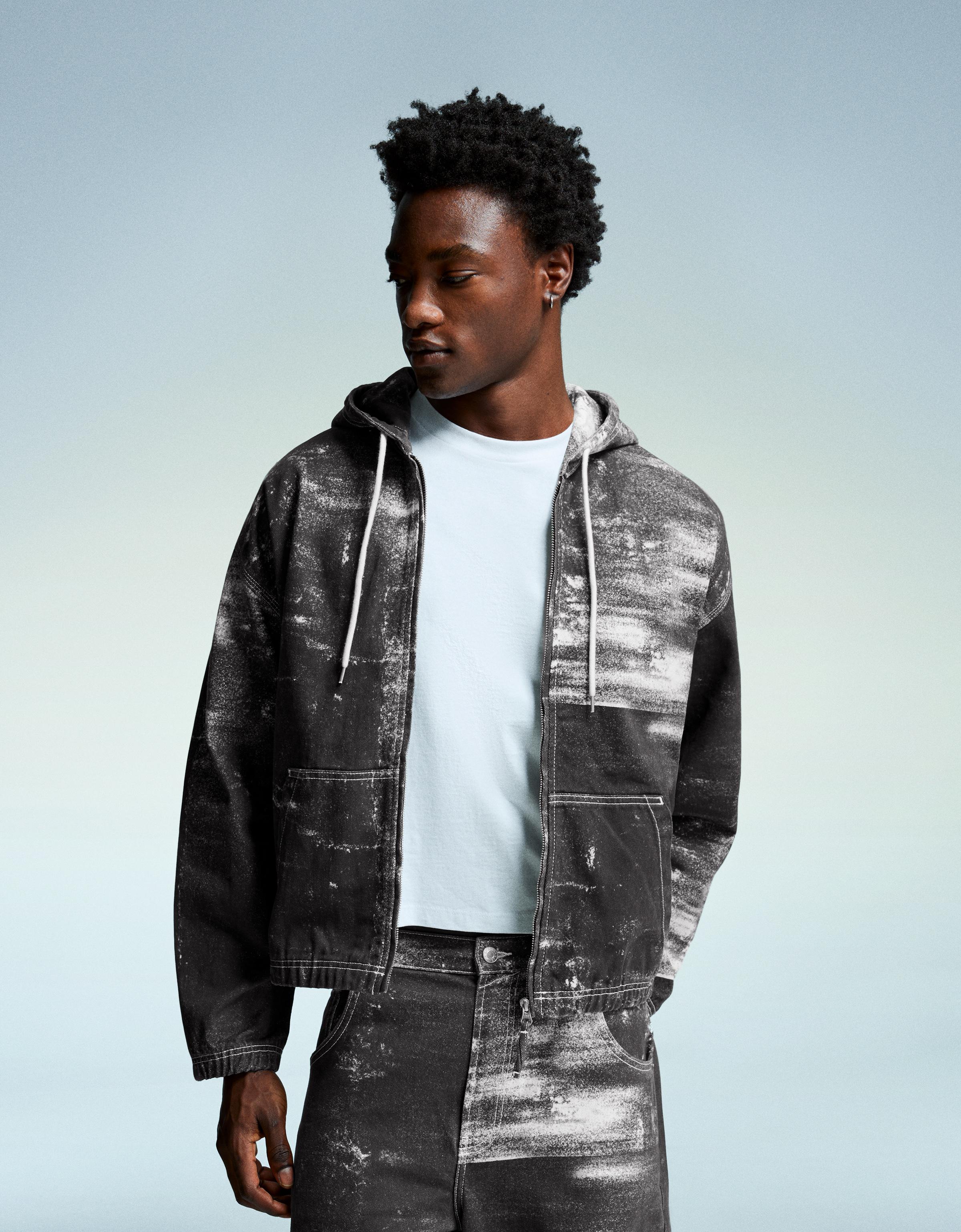 Bershka Jeansjacke Mit Print Herren M Schwarz