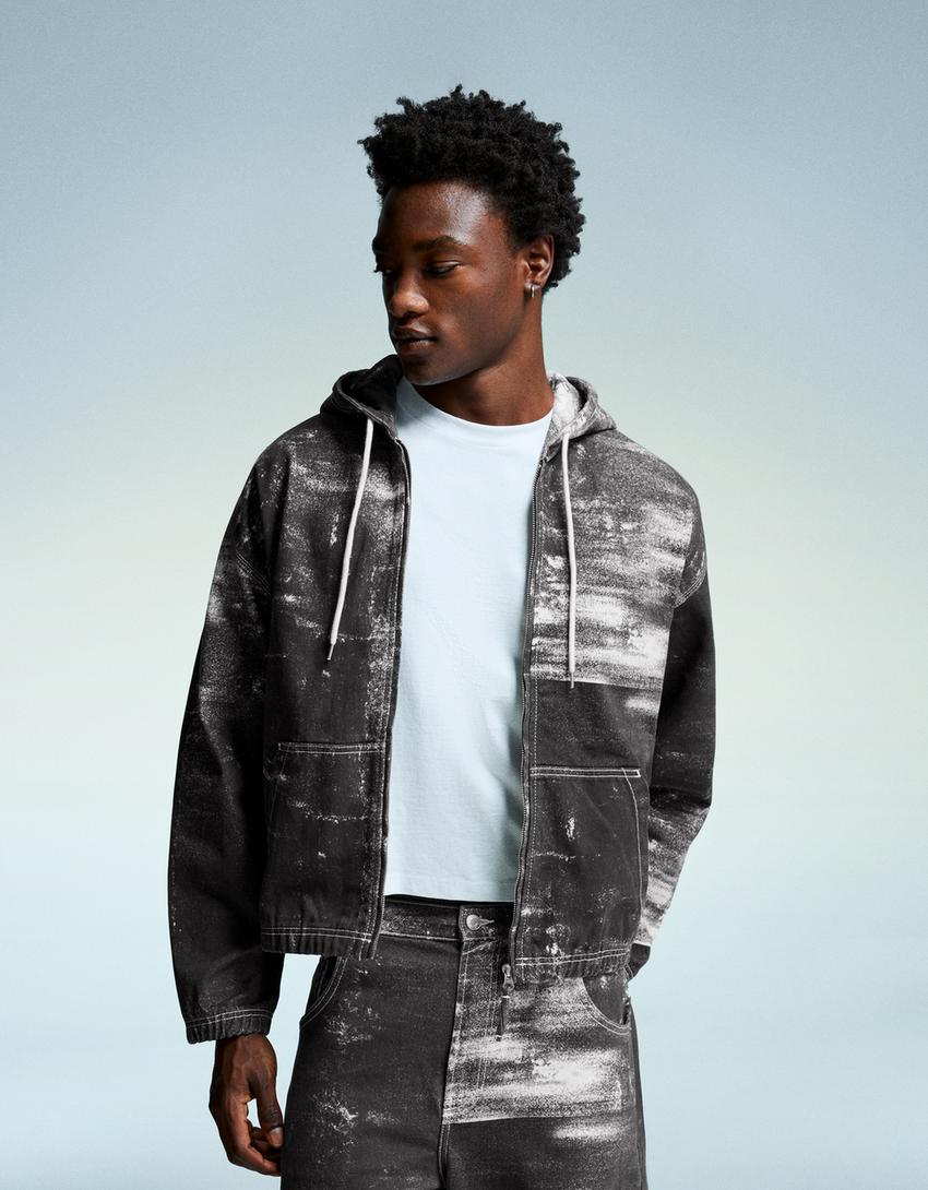 Printed denim jacket-Black-0