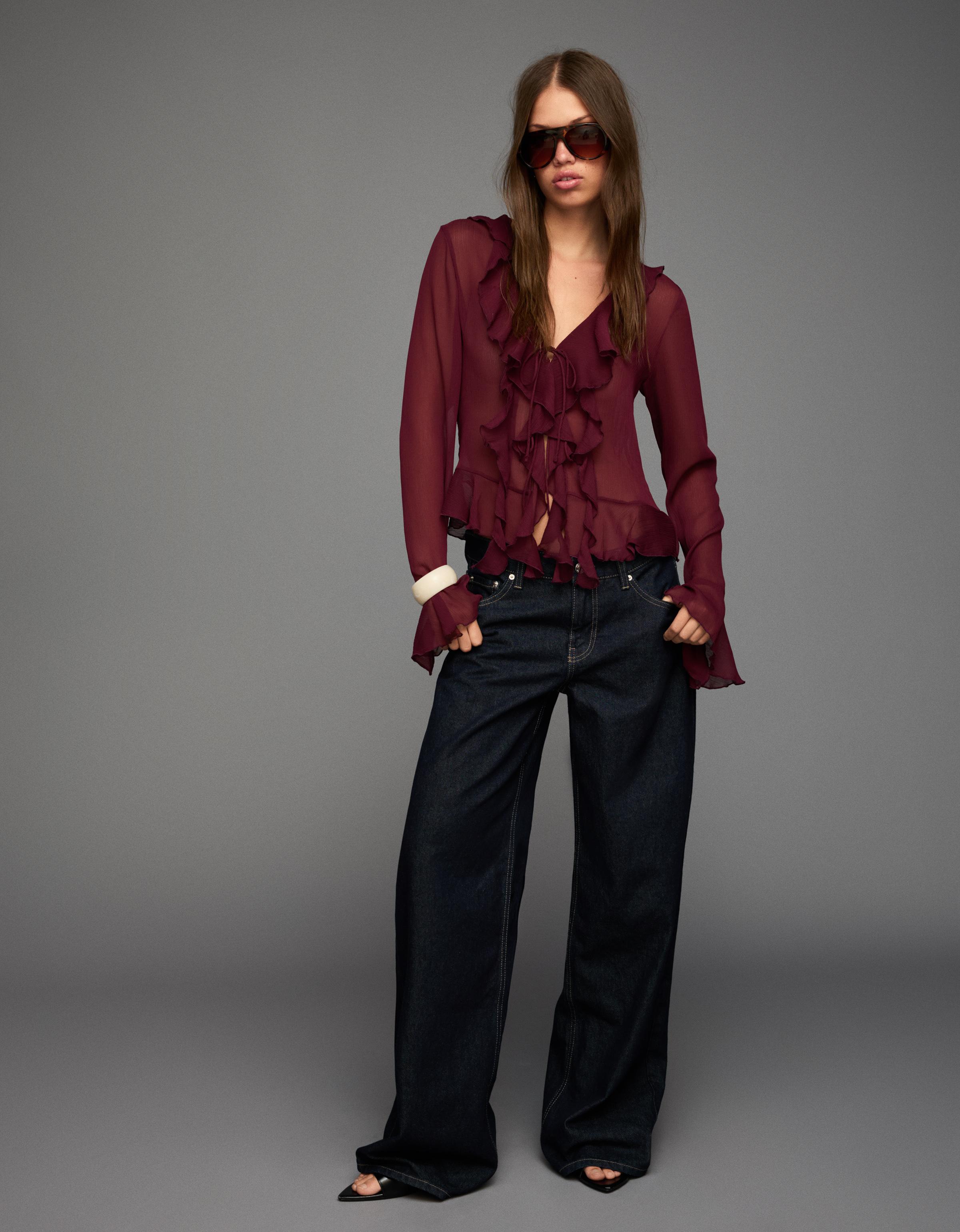 Bershka Langarm-Rüschenbluse Damen L Bordeaux