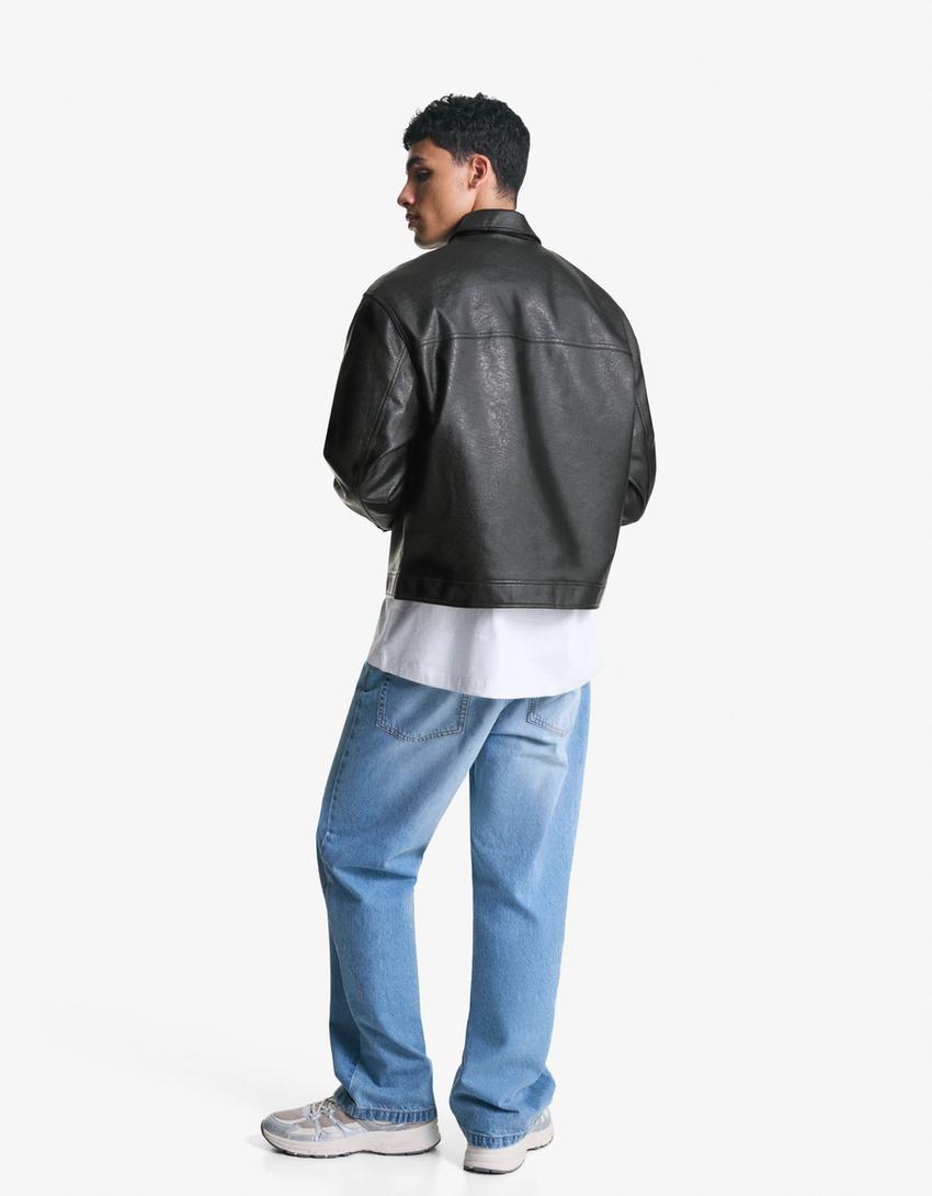 Veste boxy fit en similicuir-Noir-1