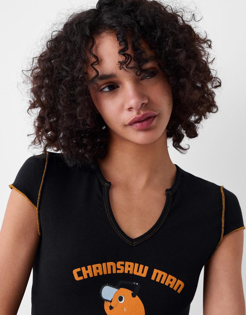 T-shirt manches courtes cropped imprimé Chainsaw Man-Noir-2