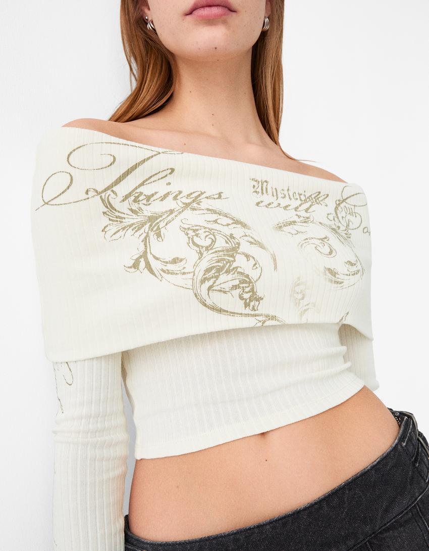 Embroidered long sleeve off-the-shoulder sweater-Off white