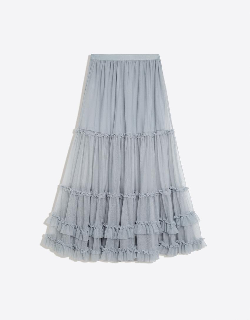 Ruffled tulle maxi skirt-Grey