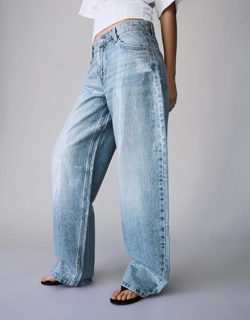 Sequinned baggy barrel jeans-Light blue