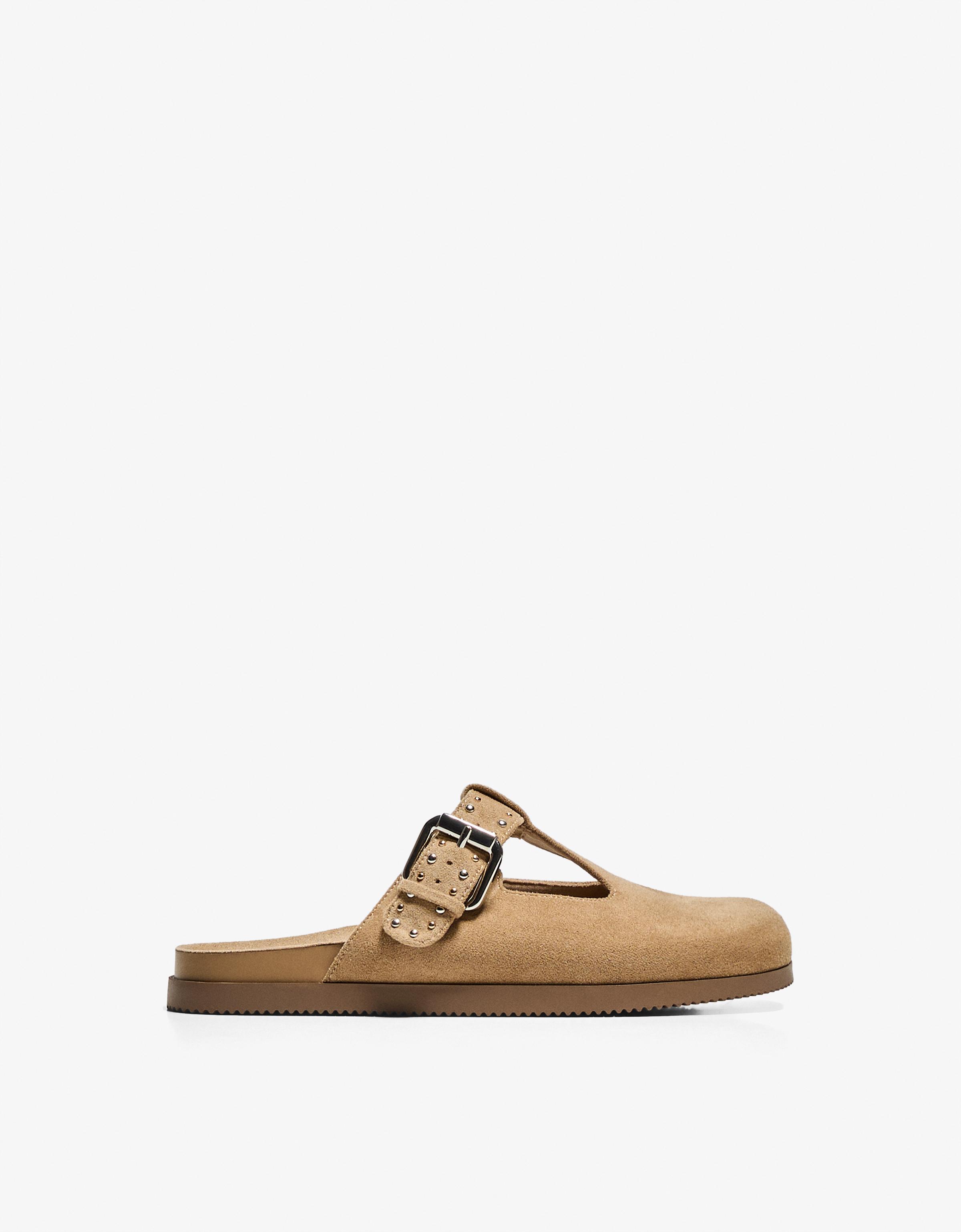 Bershka Pantoffeln Mit Schnallendetail Damen 37 Sandfarbe