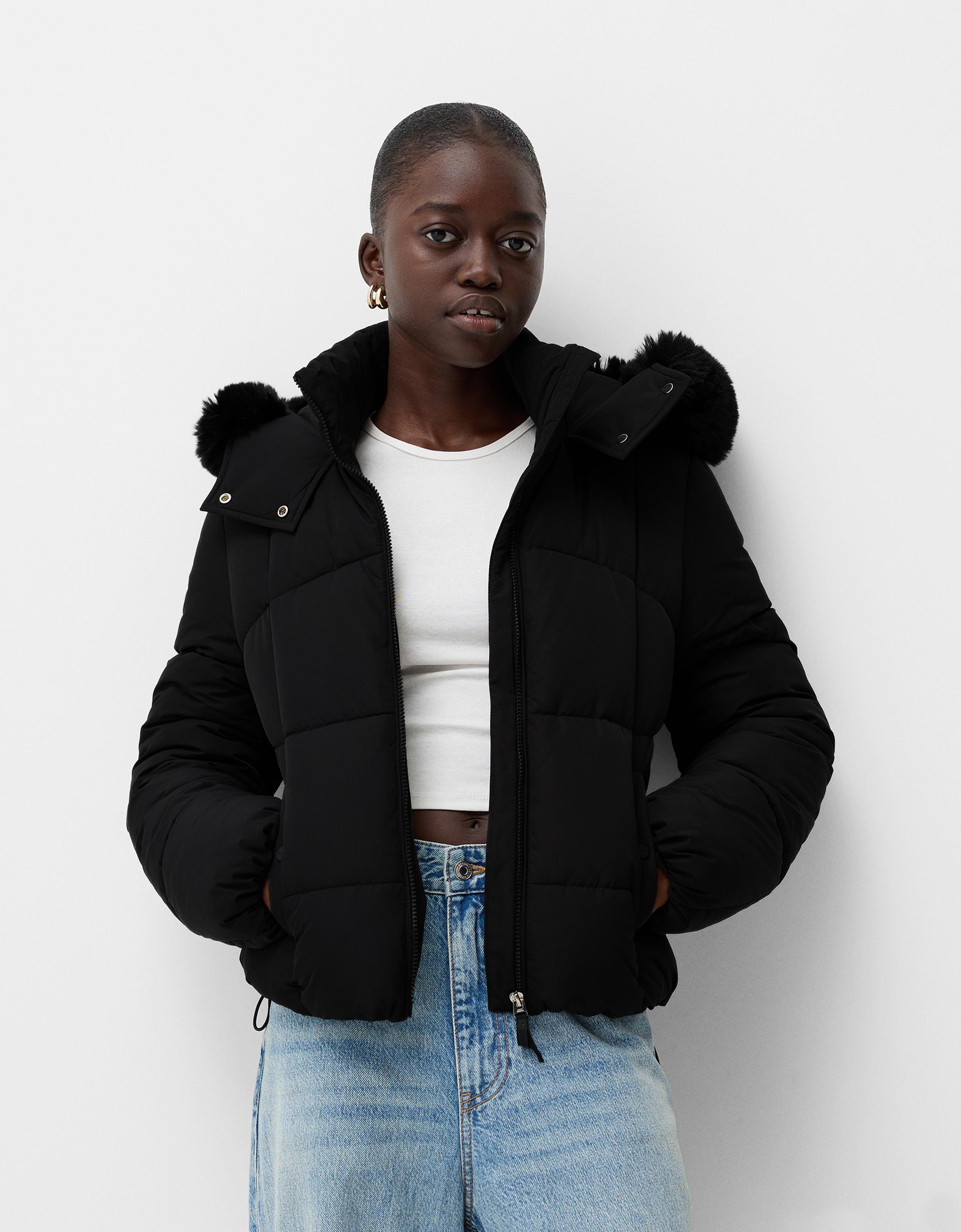 Bershka Steppjacke Aus Kunstfell Mit Kapuze Damen 10-12 Schwarz