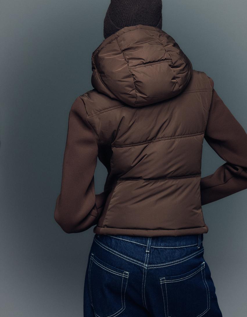 Blouson à capuche combinée effet néoprène-Marron