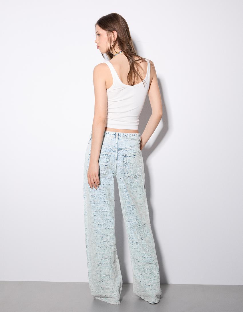 Csípőfazonú, texturált zsakárd boyfriend farmernadrág-Halványkék
