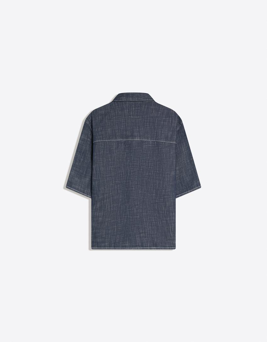 Short sleeve denim shirt with clasp fasteners-Navy