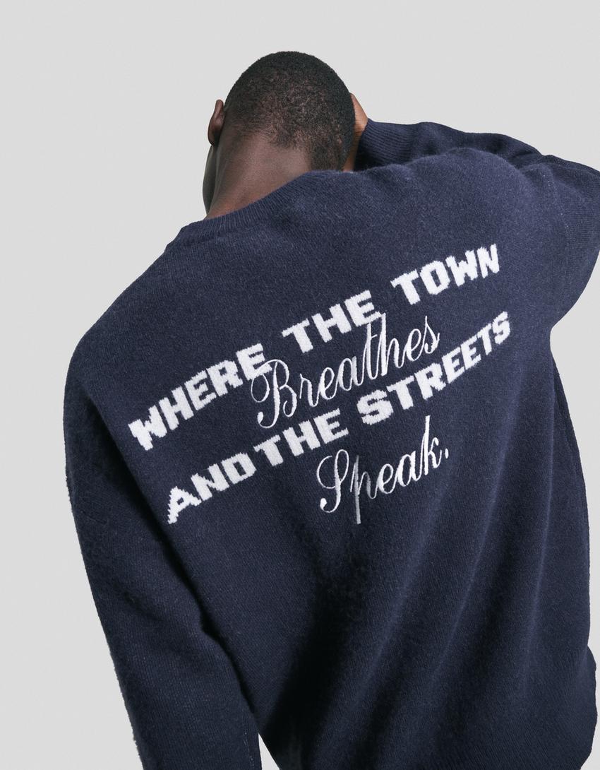 Embroidered jacquard sweater-Navy