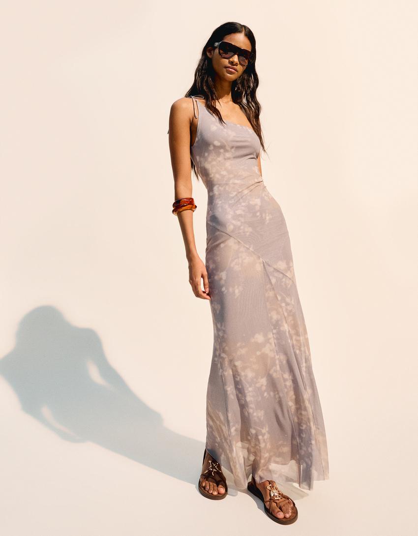 Asymmetrische tule maxi-jurk met print-Grijs