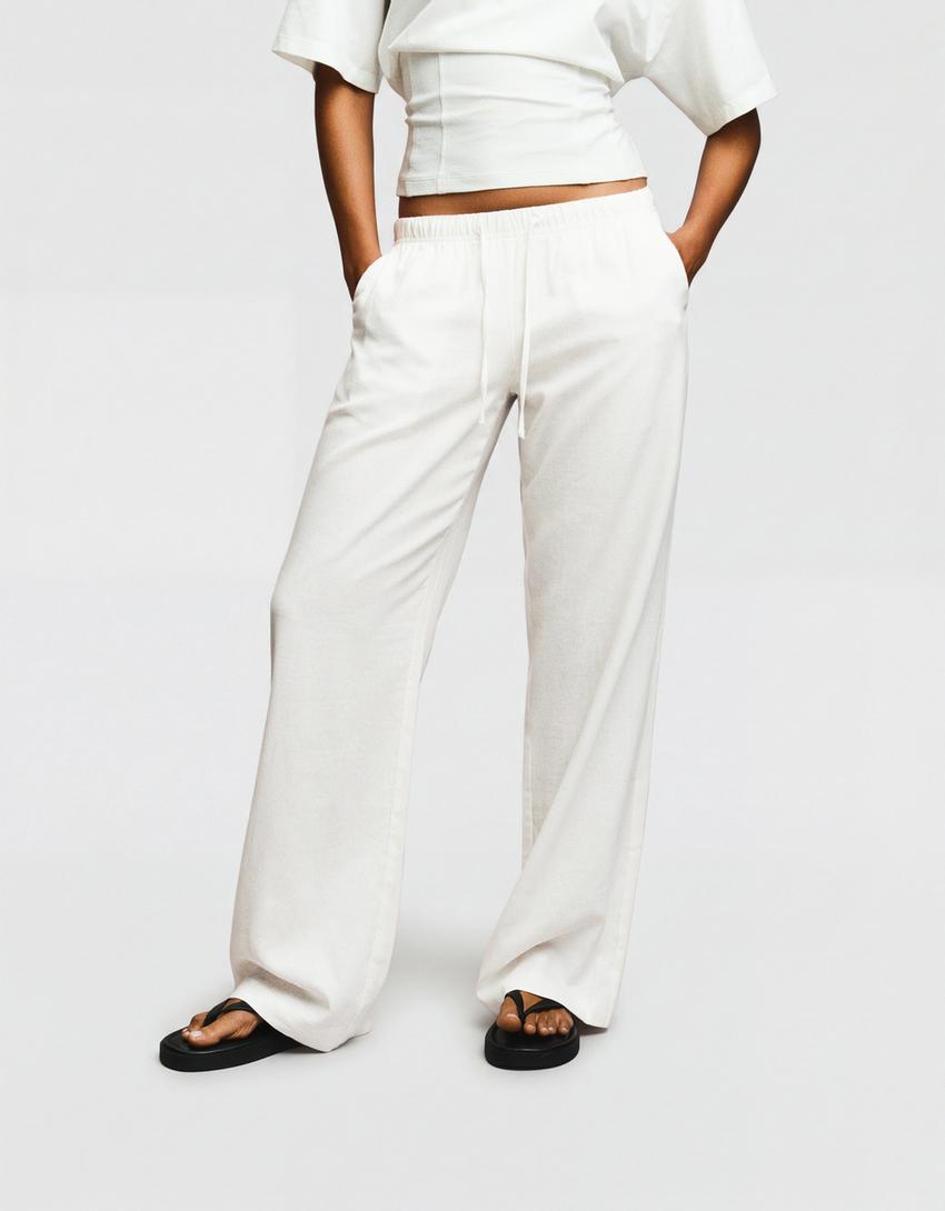 Pantalón cintura elástica-Blanco roto
