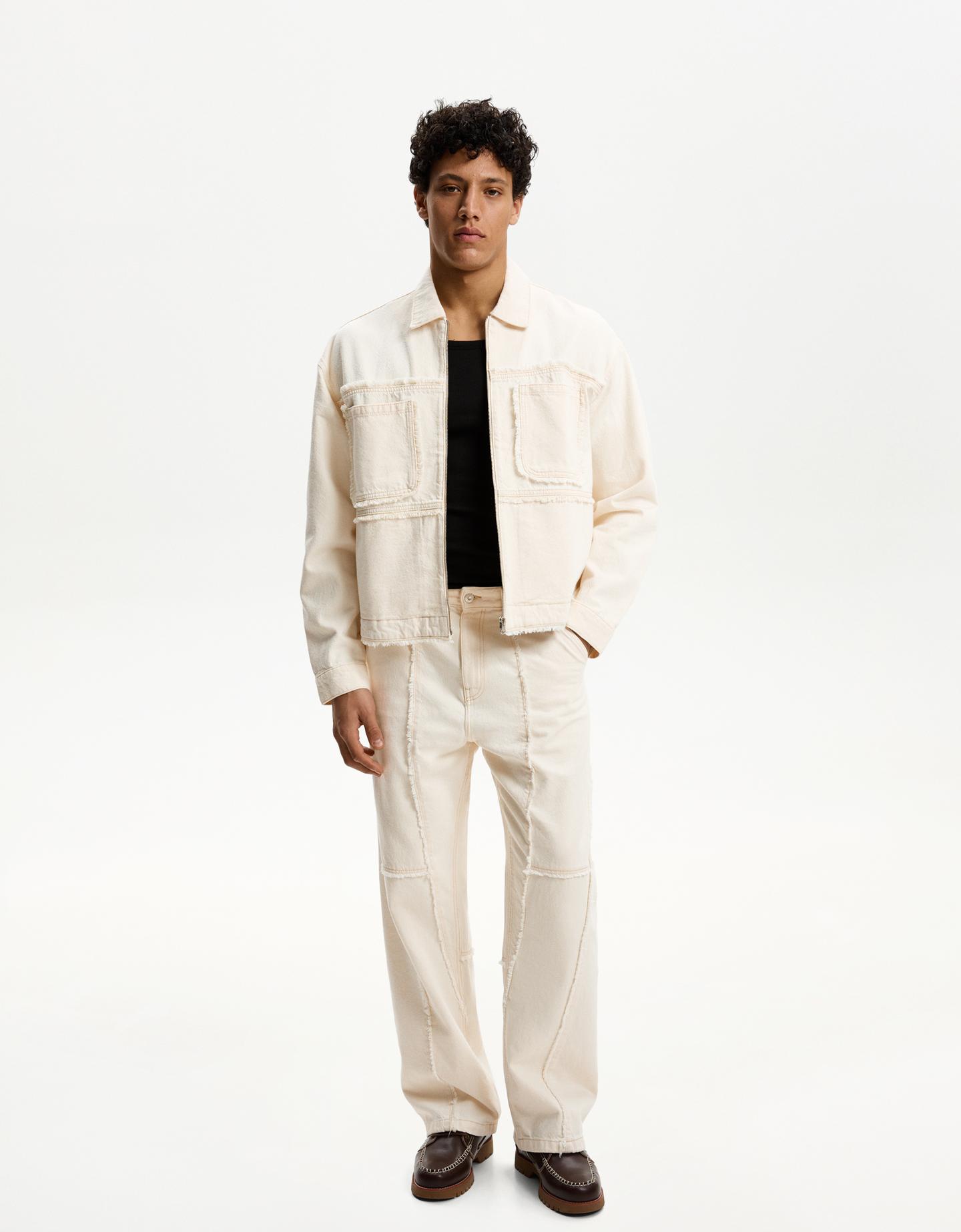 Bershka Cazadora Denim Oversize Flecos Hombre S Crudo