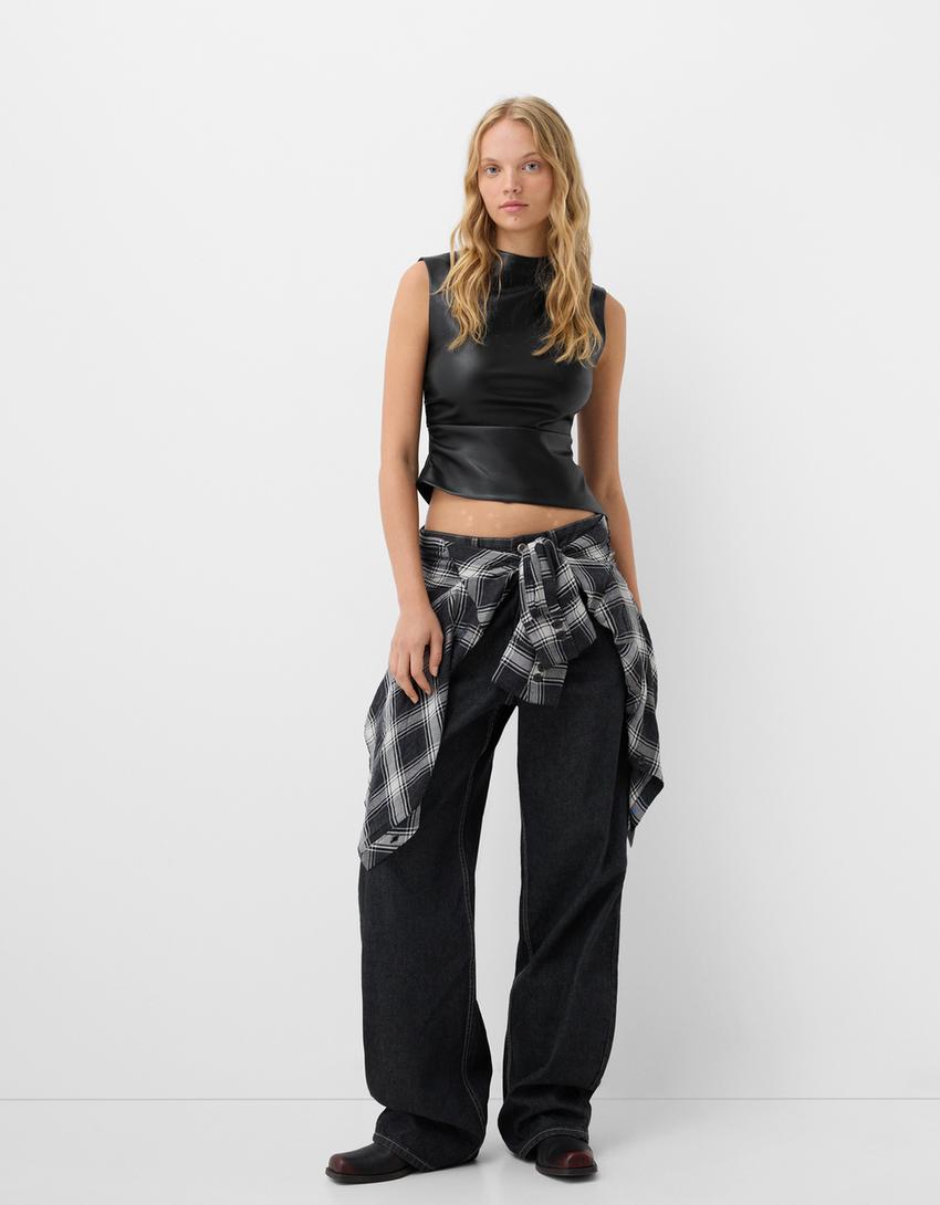 Asymmetric draped leather effect top-Black-3