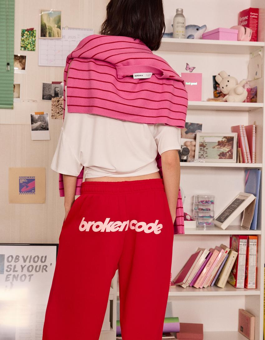 Calças felpa perna larga estampado-Vermelho