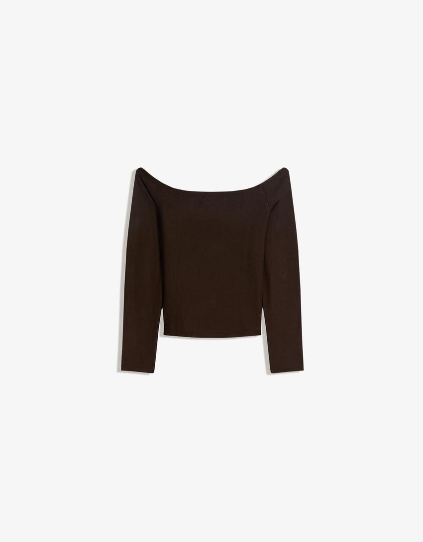 Sweter z asymetrycznej dzianiny soft-Brązowy