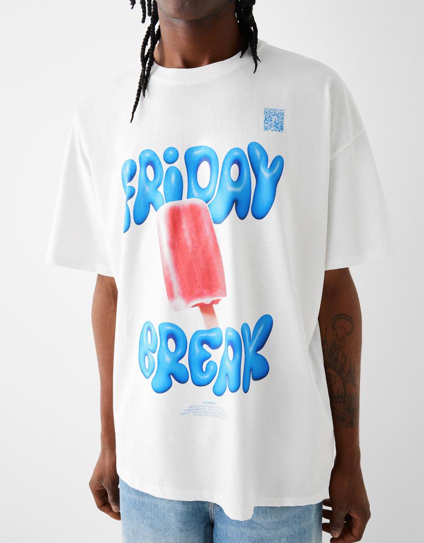 T-shirt Bershka Wearable Art oversize imprimé-Blanc cassé-3