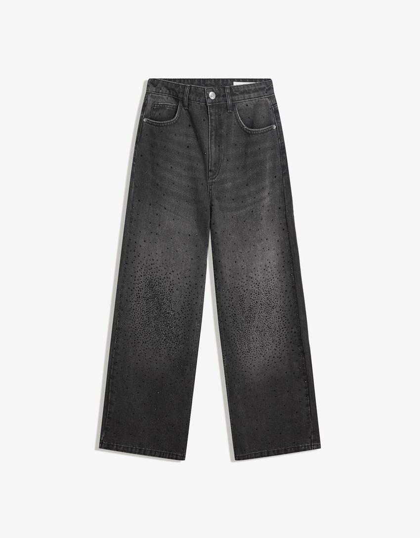 Straight jeans with rhinestone details-Black-4