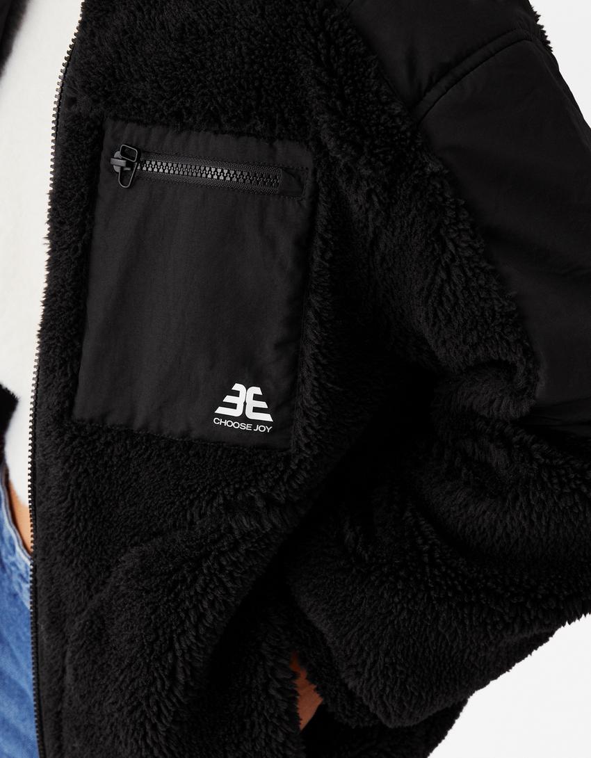 Contrast faux shearling nylon blend jacket-Black-5