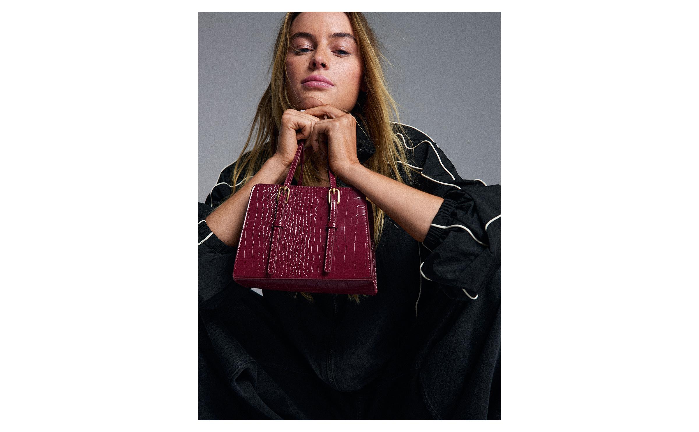 Textured box bag with buckles — Burgundy